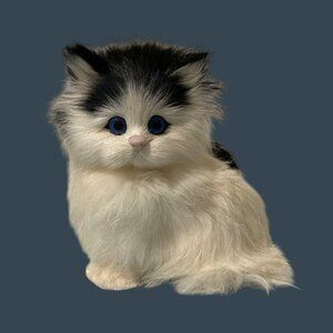 Vintage Black And White Fur Cat Figurine With Blue Eyes